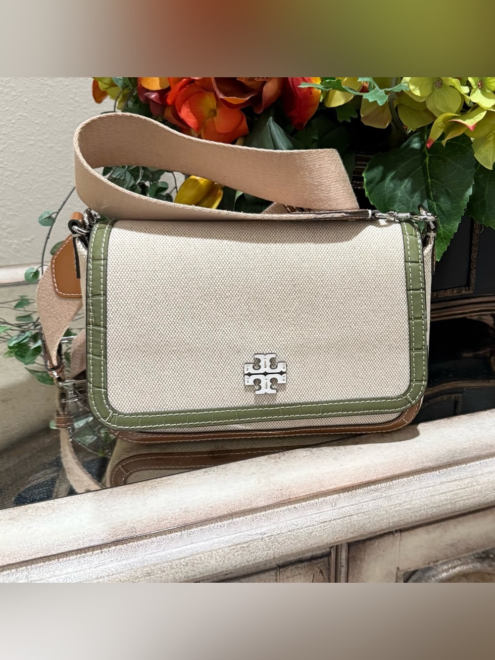 Tory Burch Cream Canvas Shoulder Bag with Olive Trim